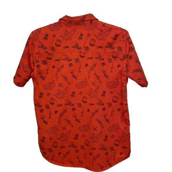 Lucky Brand Orange Novelty Print Button Up Mens Size Large Short Sleeve - Picture 11 of 12